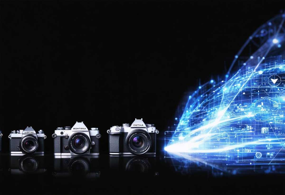 Evolution of photography technology from film cameras to digital to AI-powered tools showing seamless integration of traditional and modern techniques