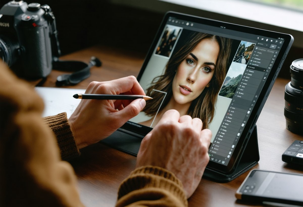 Hands-On Generative Fill Editing with Adobe Firefly Tools Professional photographer using Adobe Firefly generative fill interface on tablet for photo editing