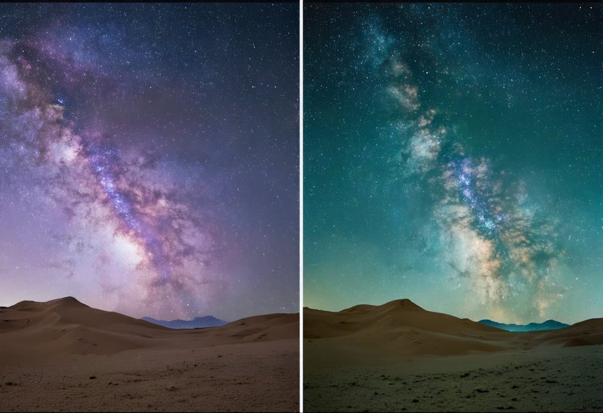 Before and after comparison of Milky Way astrophotography post-processing showing RAW file versus edited image with enhanced colors and detail