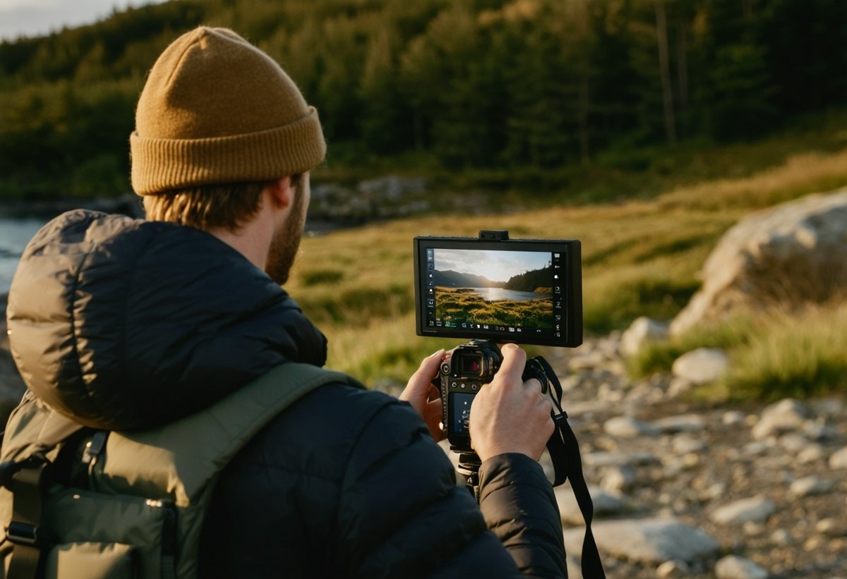 Authentic Photography Verification and Real Image Review Process Photographer reviewing authentic unedited images on camera LCD screen in natural outdoor setting demonstrating real photography workflow