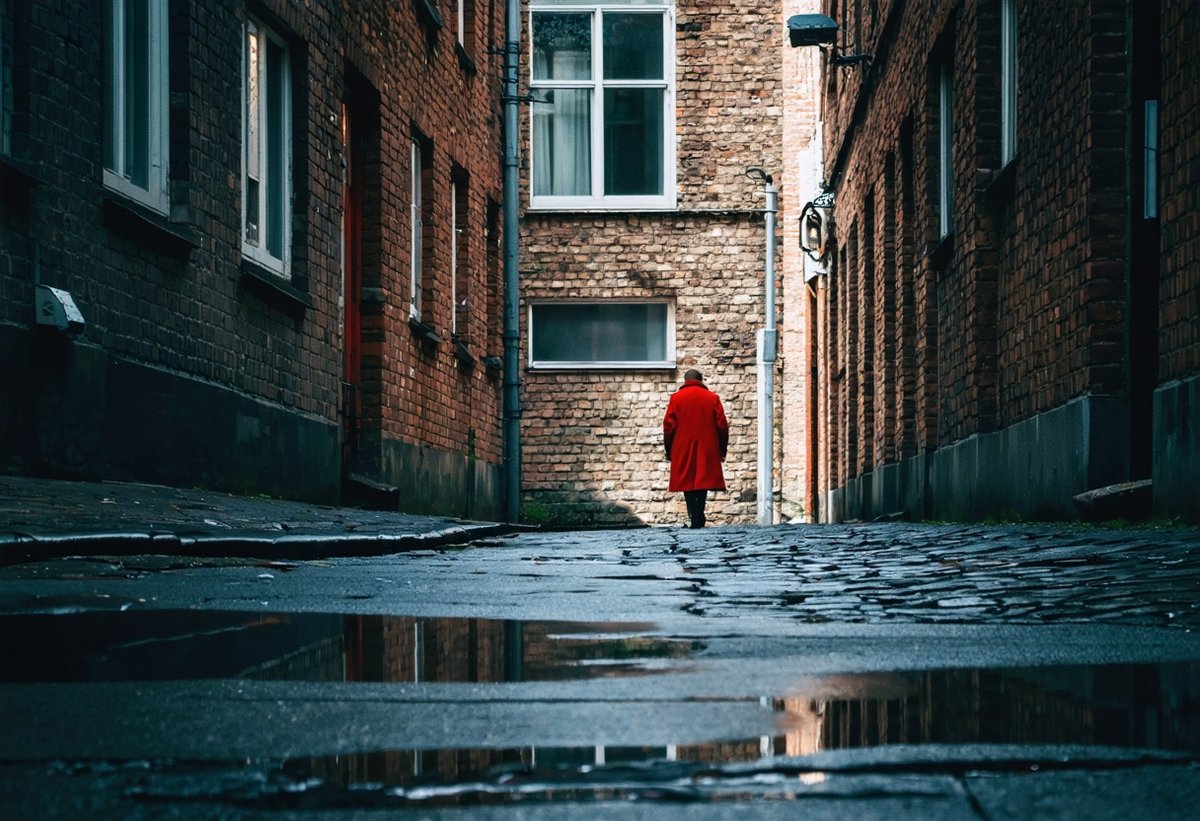 Composition Principles for Powerful Street Photography Storytelling Street photography composition showing rule of thirds and leading lines with figure in red coat walking down alley