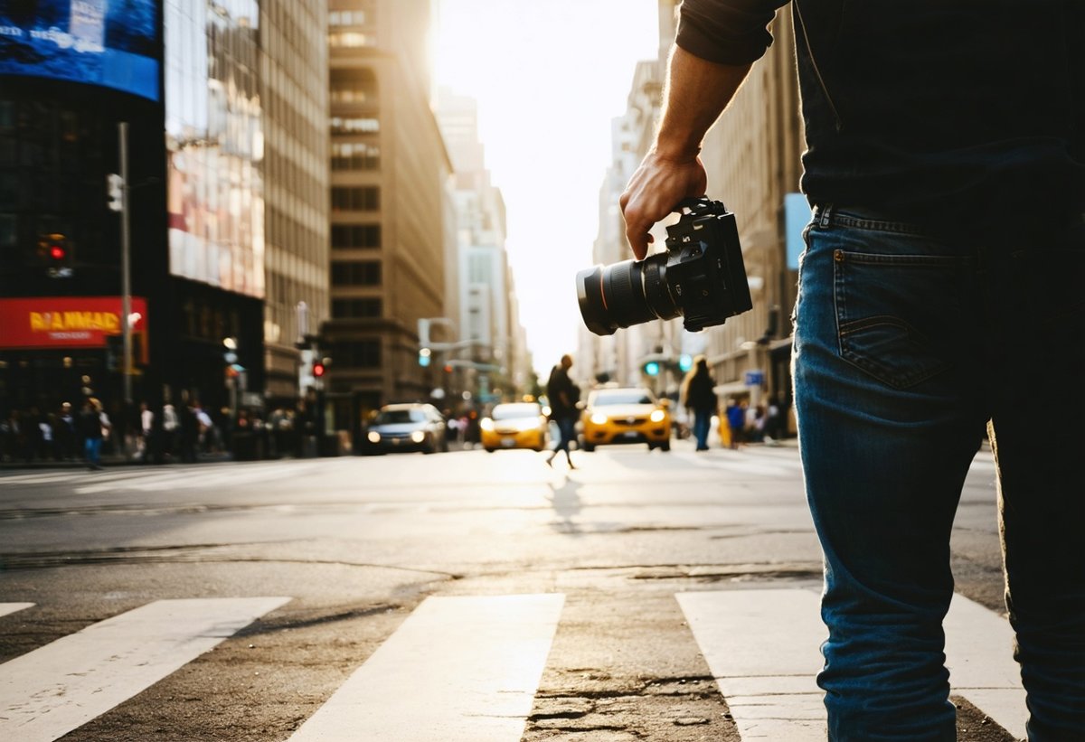Essential Gear and Techniques for Candid Street Photography Success Street photographer using mirrorless camera to capture candid moments at urban intersection during golden hour
