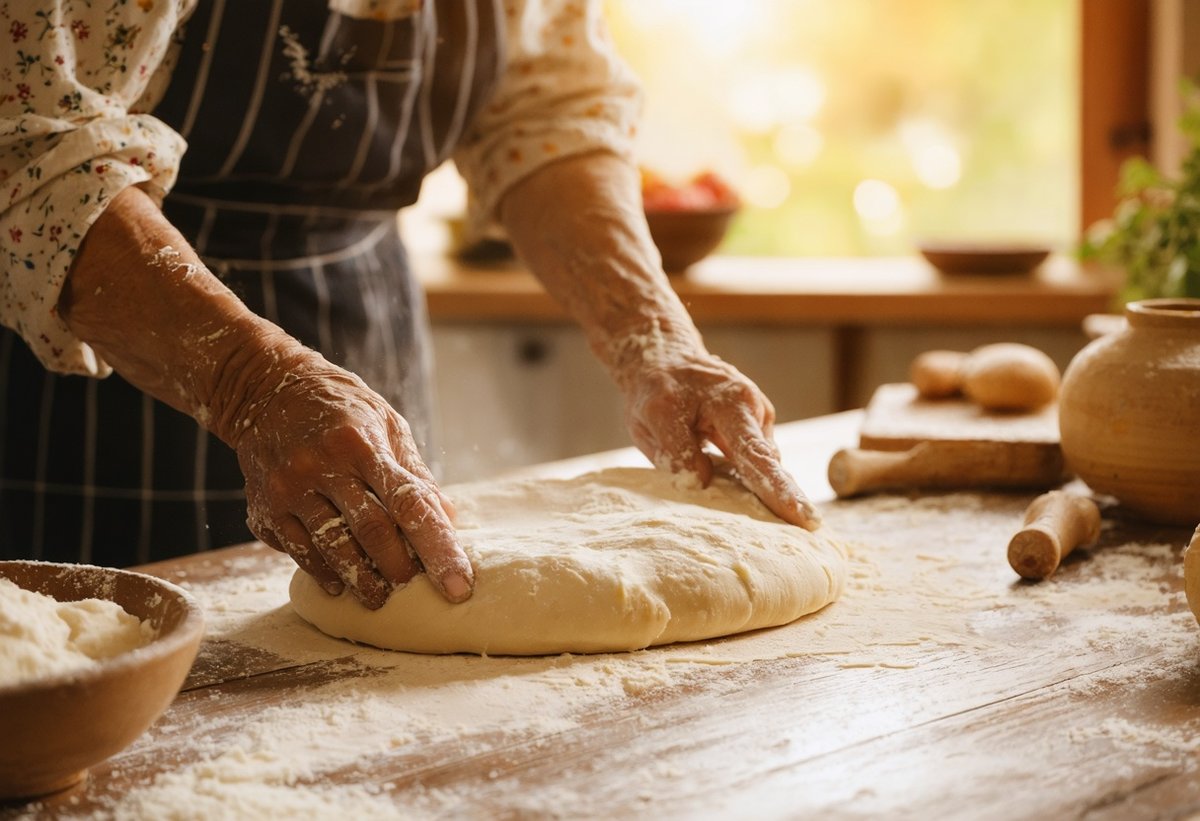 Documentary culinary photography showing hands kneading pasta dough in traditional Italian kitchen, capturing authentic food storytelling and generational cooking traditions