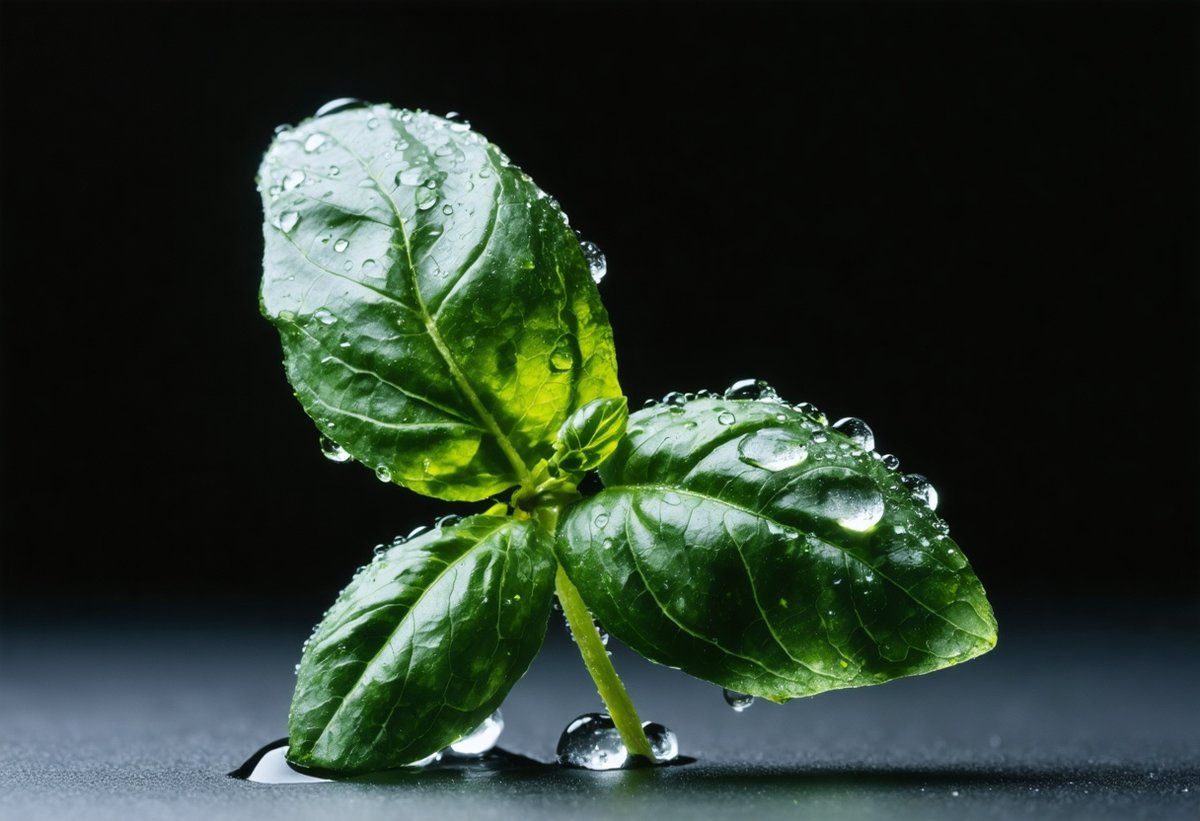 Macro food photography of fresh basil leaf showing detailed vein structure and water droplets, demonstrating close-up culinary photography techniques for capturing ingredient textures