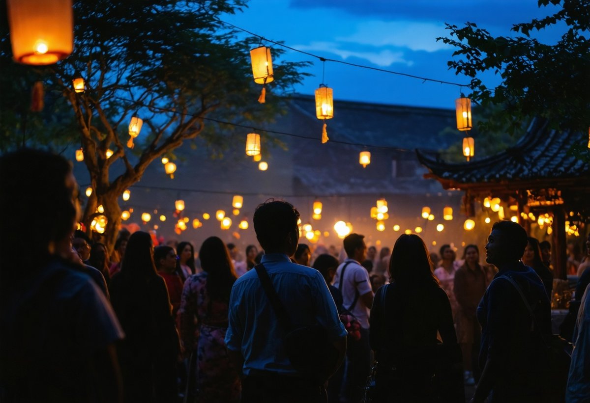 Atmospheric wide angle shot of evening local festival showing environmental context and lighting for immersive event photography