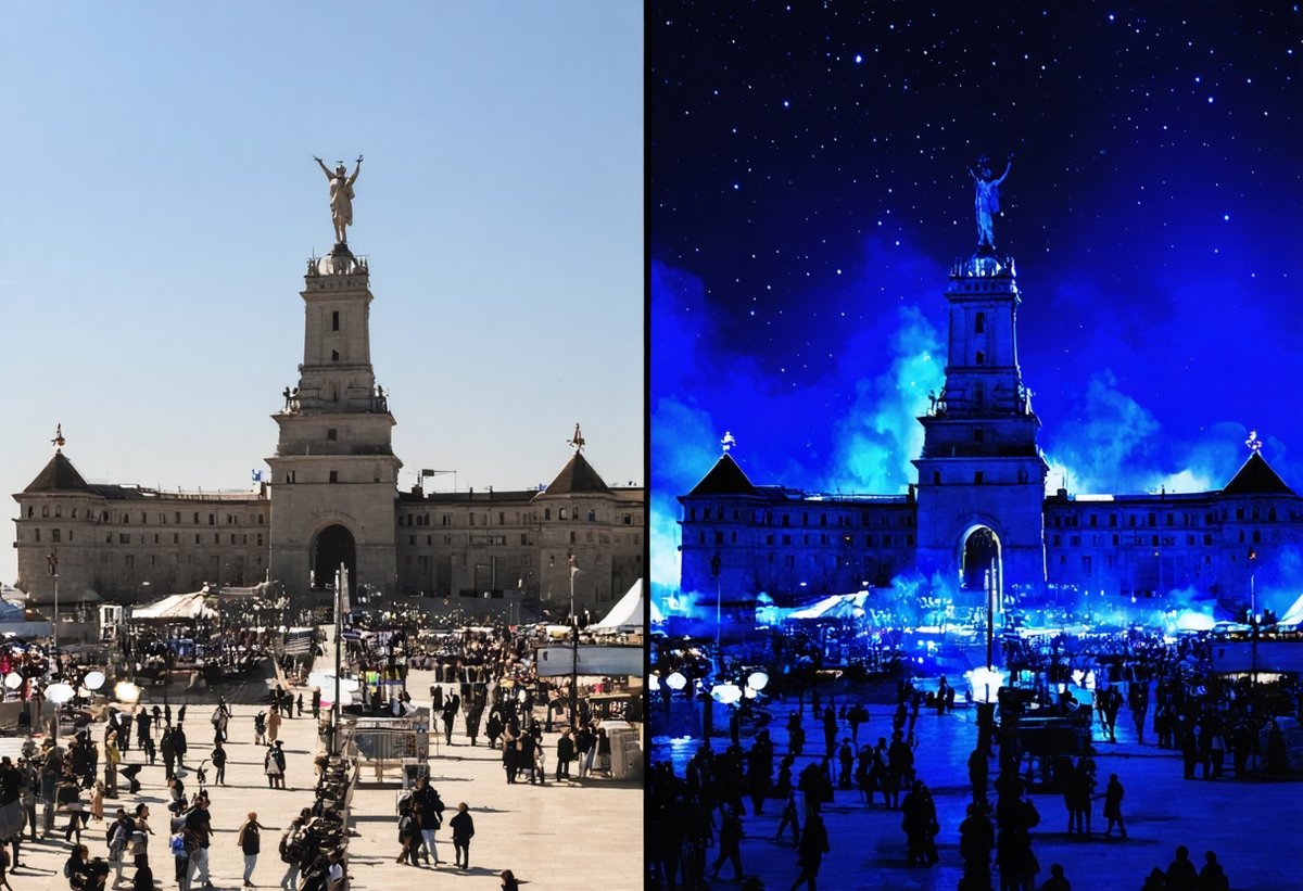 Day versus night photography comparison showing how nighttime transforms travel destinations into unique memorable images