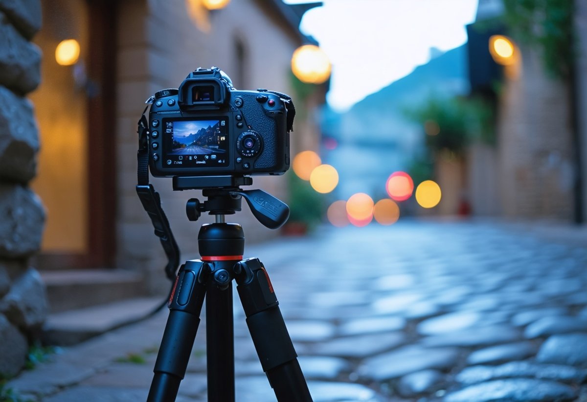 Essential night photography gear including tripod and camera with manual settings for long exposure vacation photos