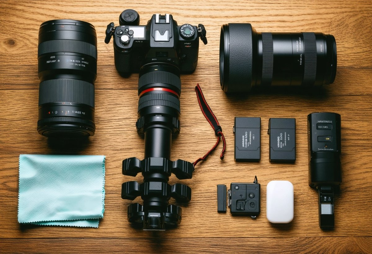 Essential Christmas photography equipment including DSLR camera, prime lens, tripod, and accessories for holiday shooting