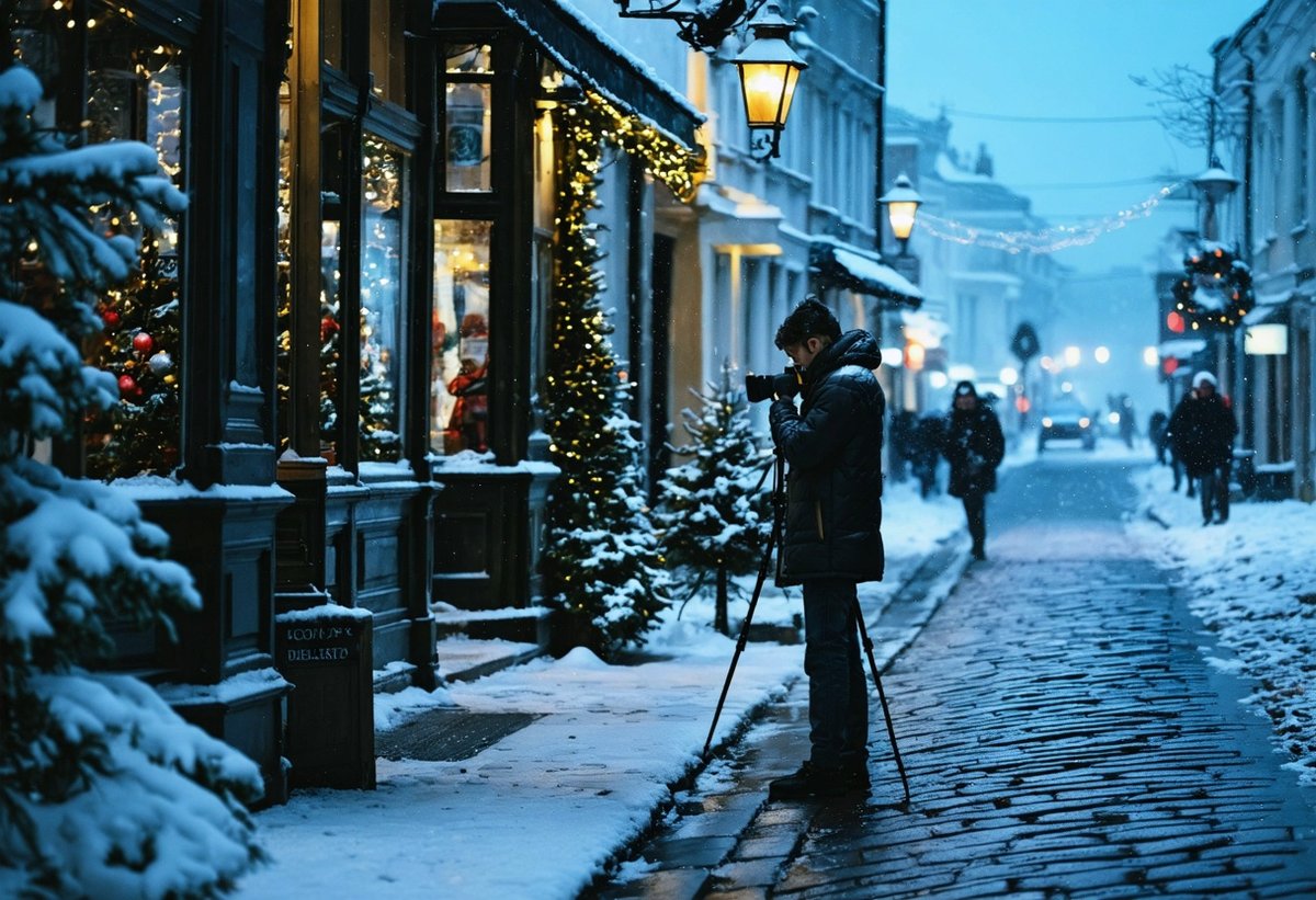 Photographer capturing urban Christmas street scene at twilight with vintage lamp post and holiday lights bokeh