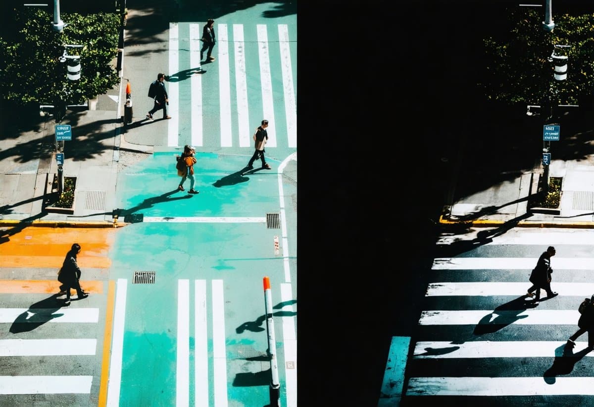 Before and after comparison of street photography showing RAW image versus cinematic film look color grading