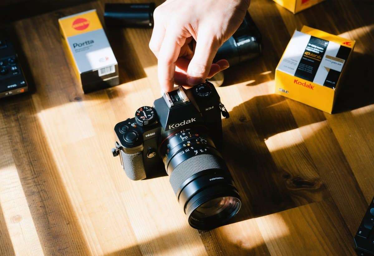 Vintage film camera with Kodak film rolls on photographer's desk showing analog photography equipment