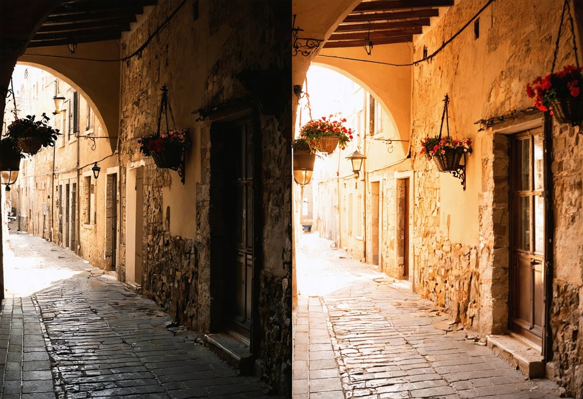 Comparison of same travel scene in different lighting conditions showing golden hour versus midday light in photography