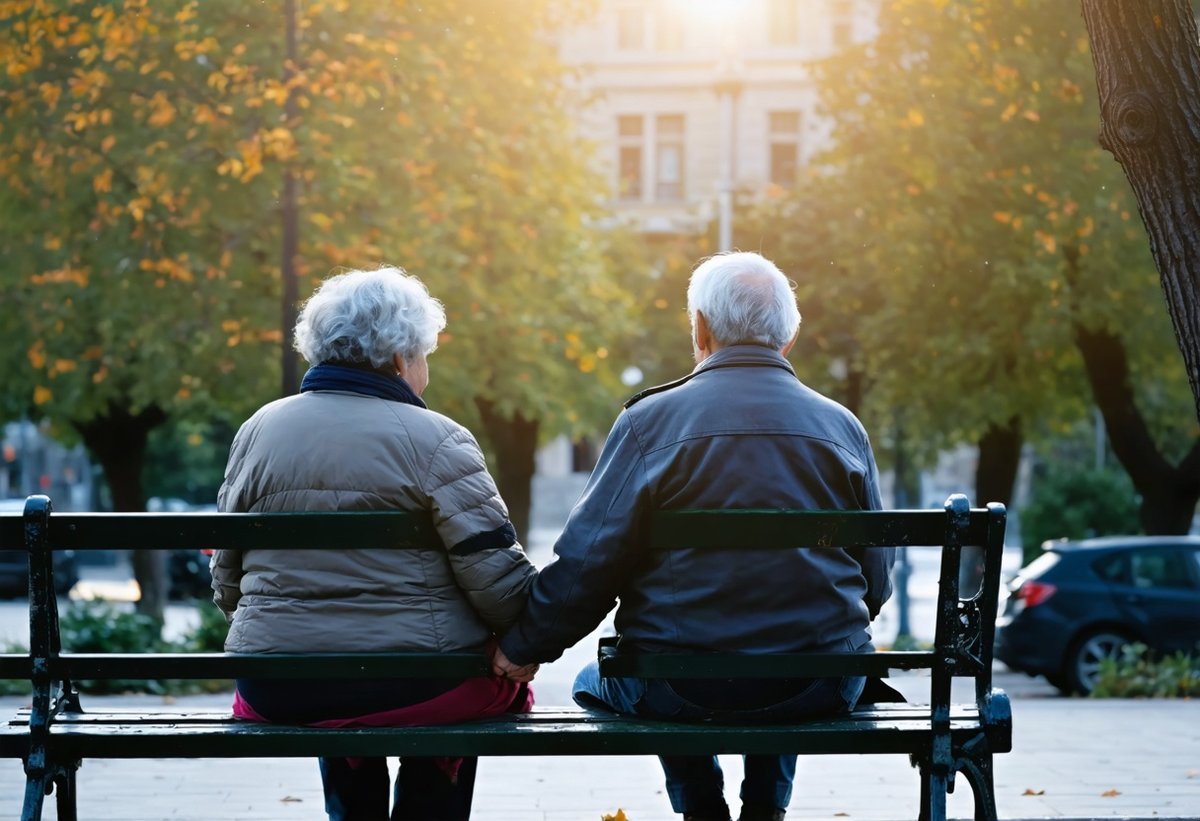 Elderly couple holding hands on park bench captured through candid street photography storytelling