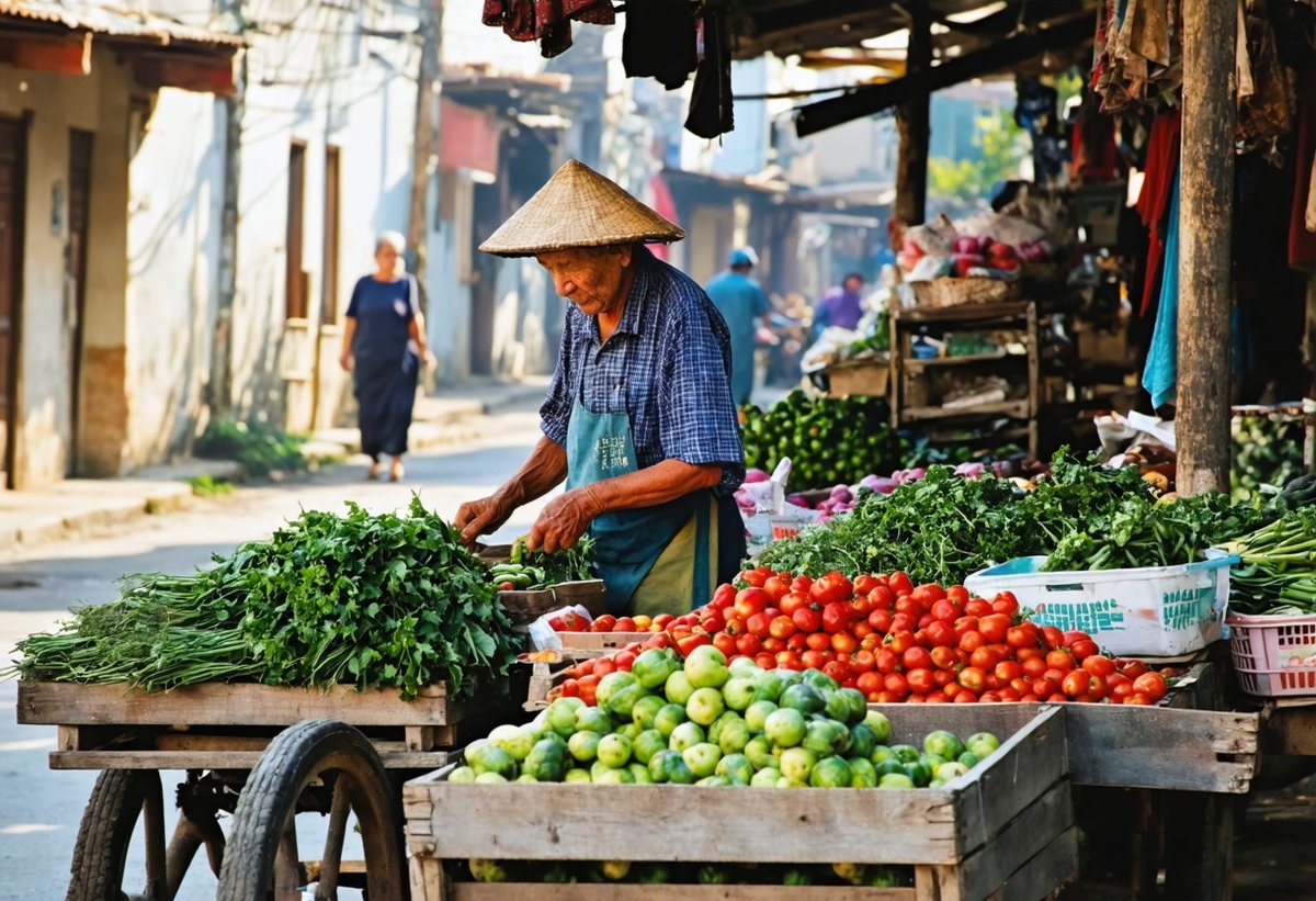 Local street market vendor arranging produce in authentic neighborhood for street photography discovery