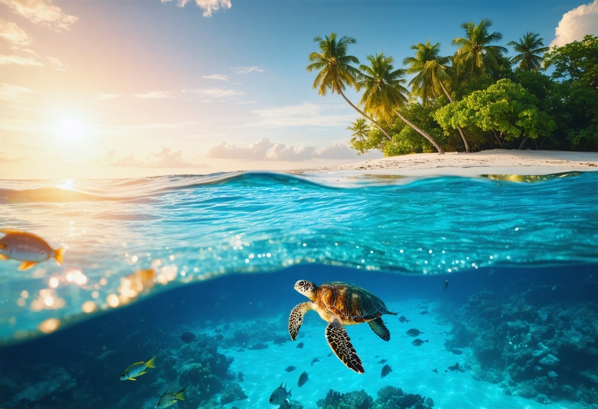 split level underwater photo showing tropical island beach above water and coral reef with sea turtle below