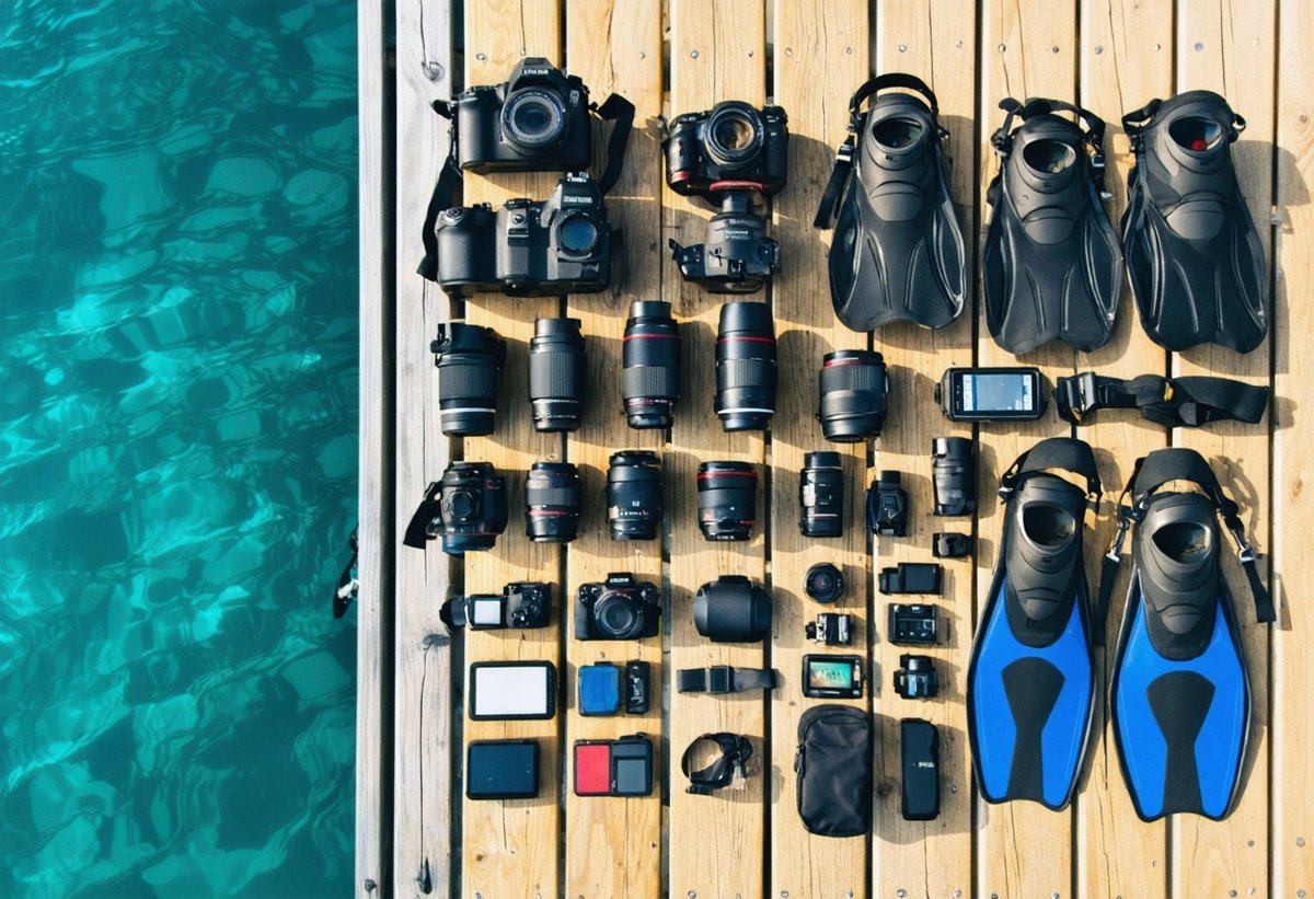 essential underwater photography gear and diving equipment laid out including camera housing strobes and lenses