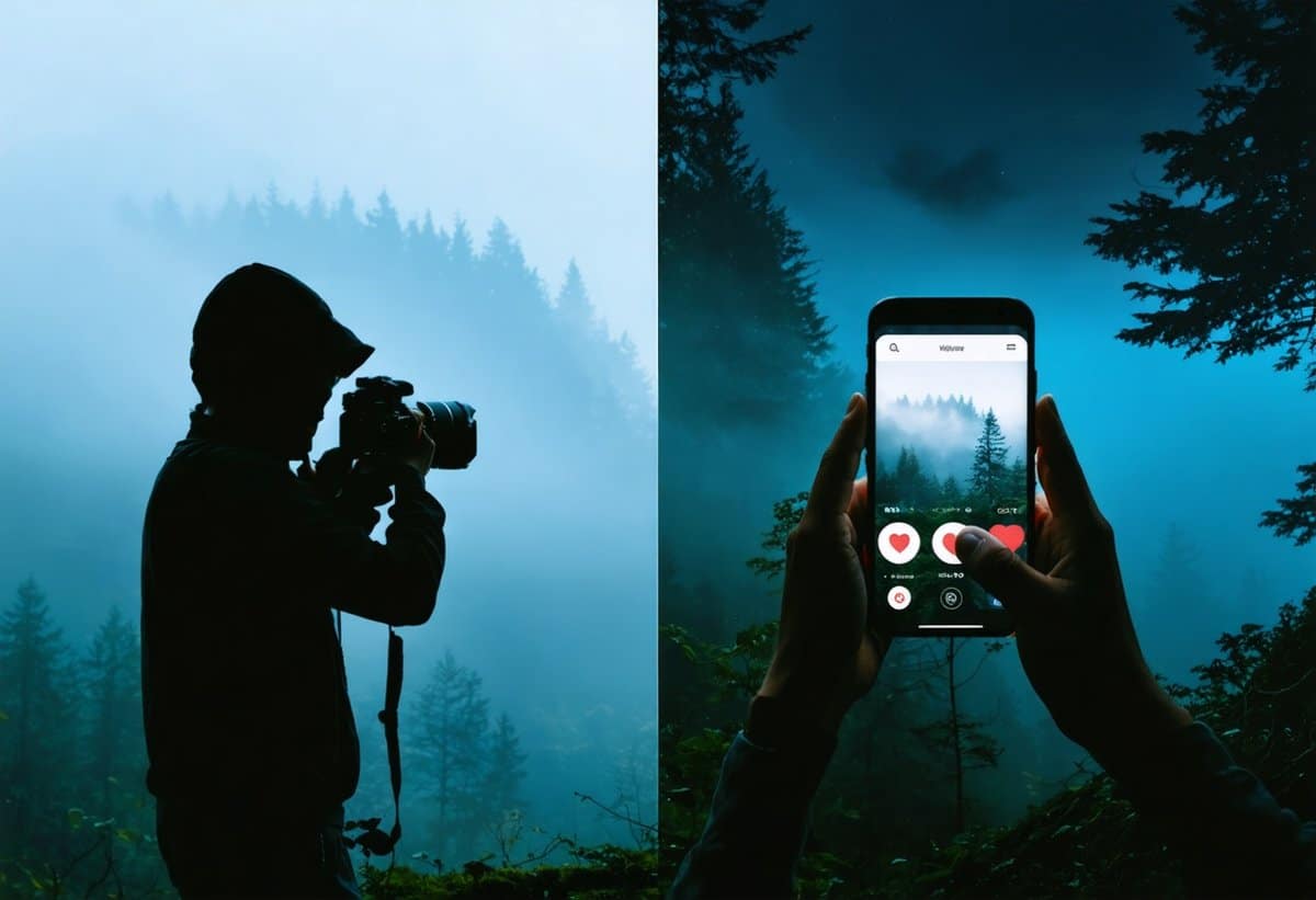 Split screen showing anonymous photographer capturing landscape and resulting viral social media post with engagement metrics