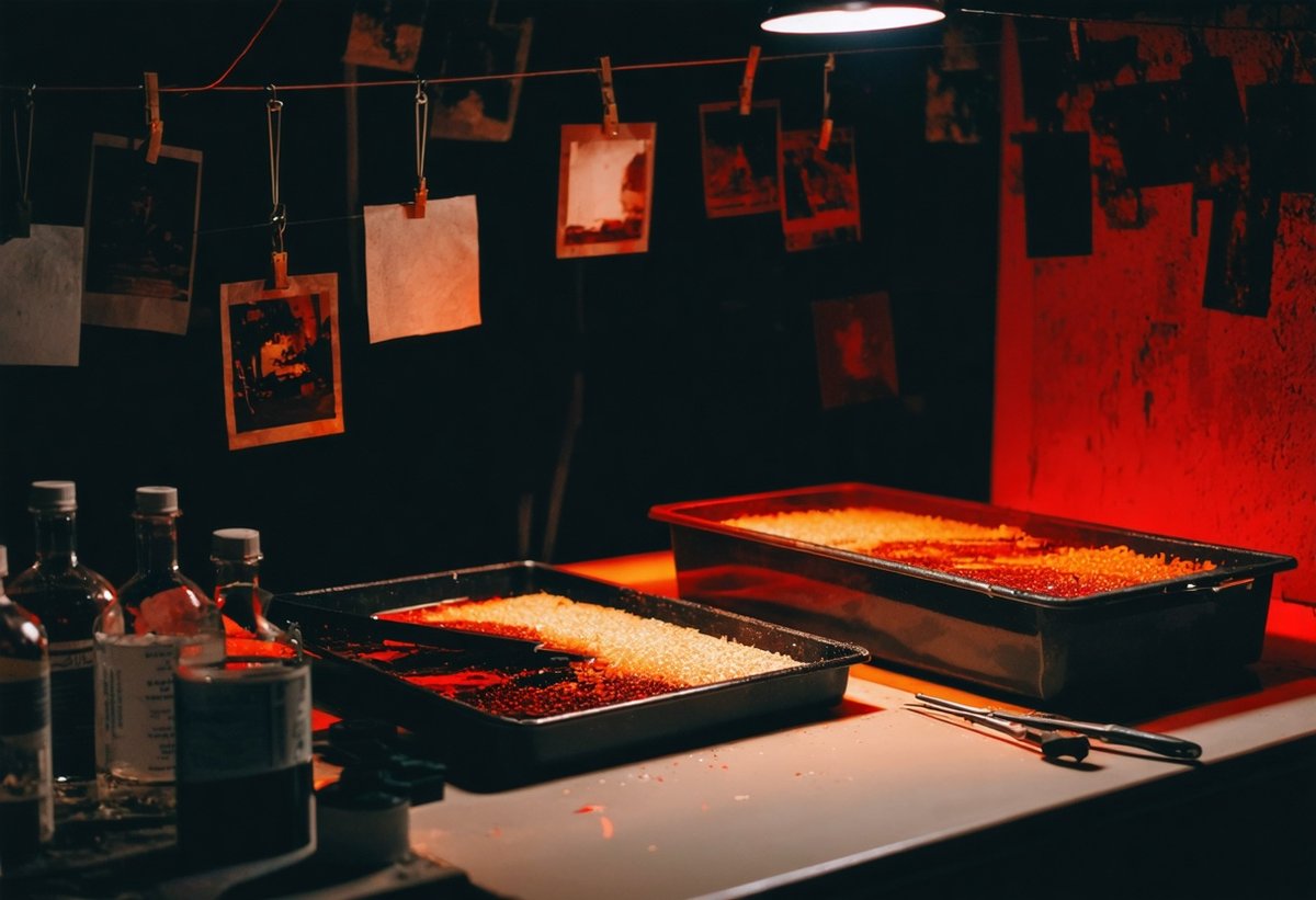 Developing Film at Home: The DIY Darkroom Experience Home darkroom with film negatives hanging to dry and developing trays under red safelight