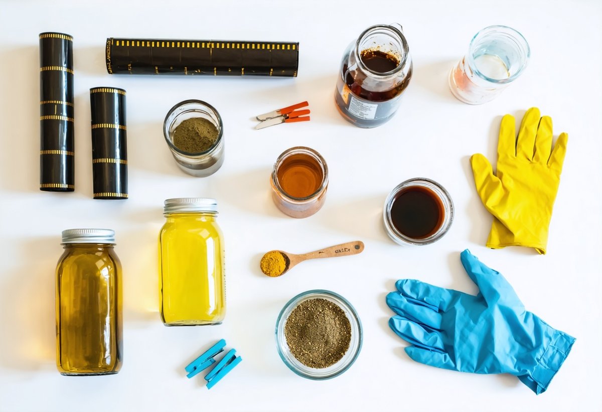 Film soup ingredients including vinegar, coffee, tea, and cola arranged with 35mm film rolls for experimental photography