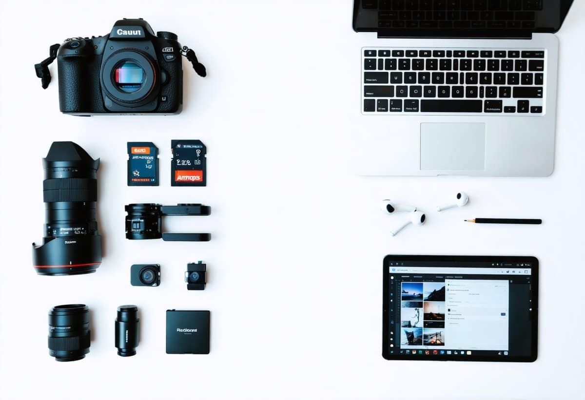 Flat lay comparison of mirrorless camera workflow versus iPhone 16 Pro mobile photography setup showing equipment and editing tools