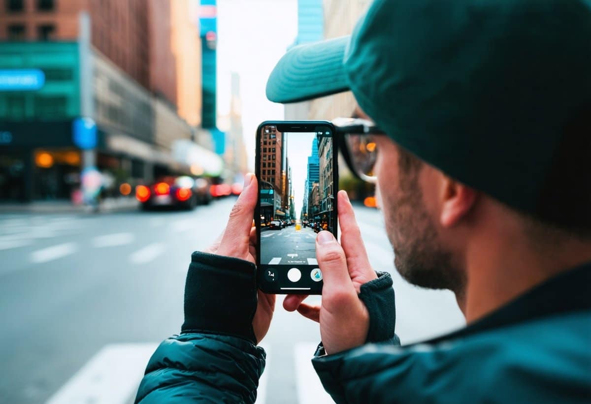 Photographer using iPhone 16 Pro for street photography demonstrating smartphone camera capabilities in real-world scenario