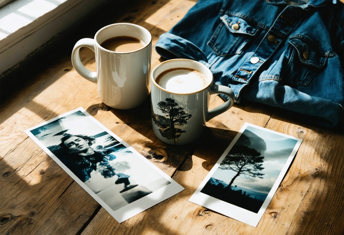 Everyday objects transformed with liquid emulsion photography including printed mug, skateboard, and denim jacket