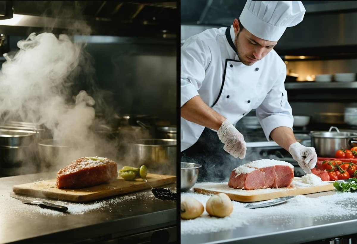 Comparison of AI-generated versus authentic professional food photography showing real kitchen environment details