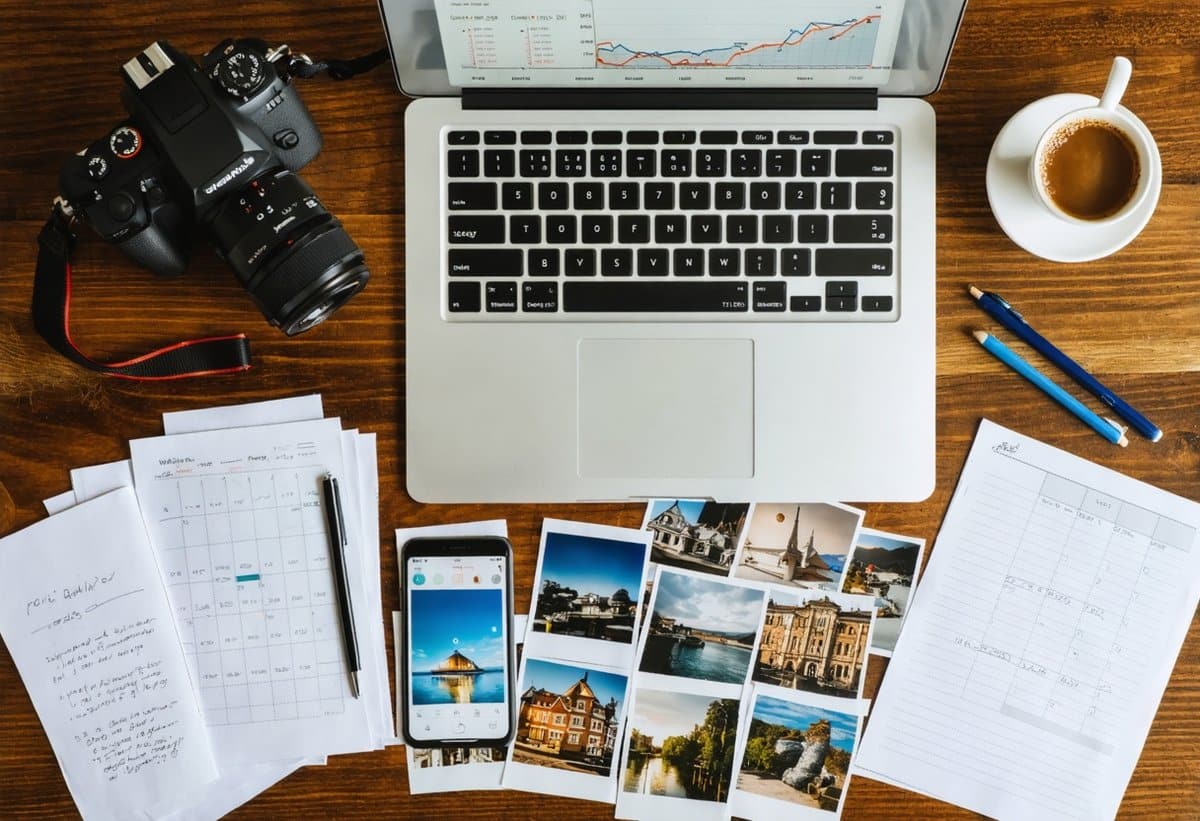 Photographer workspace showing stock photography business earnings dashboard reaching $10K monthly income goal