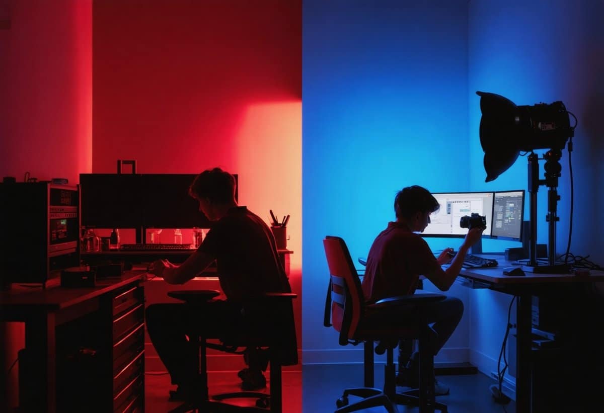 Analog darkroom and digital photography workstation comparison showing traditional film processing and modern digital editing workflow at art school