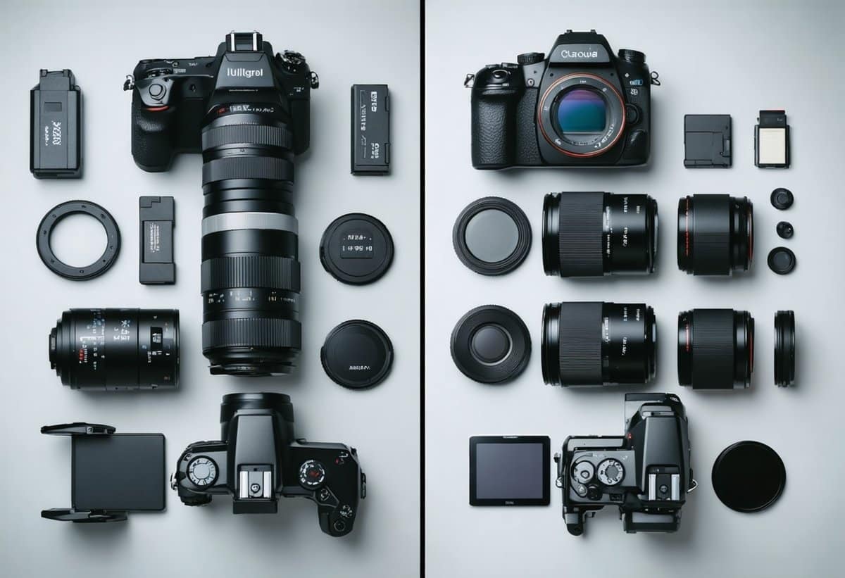 Size comparison between full-frame camera system and Micro Four Thirds compact camera kit showing portability differences