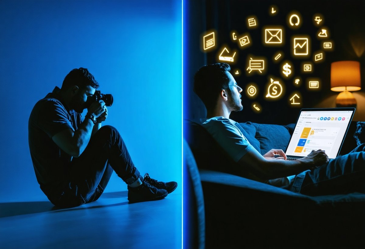 Active Photography Work vs Passive Income Streams - Building Sustainable Photography Business Comparison of traditional photography client work versus automated passive income for photographers