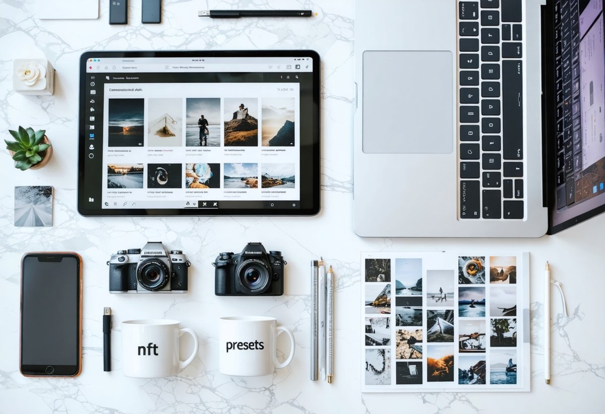 Photography Passive Income Product Types - Stock Photos, Prints, Digital Products and NFTs Multiple photography passive income products including stock photos, prints, digital products, and NFTs