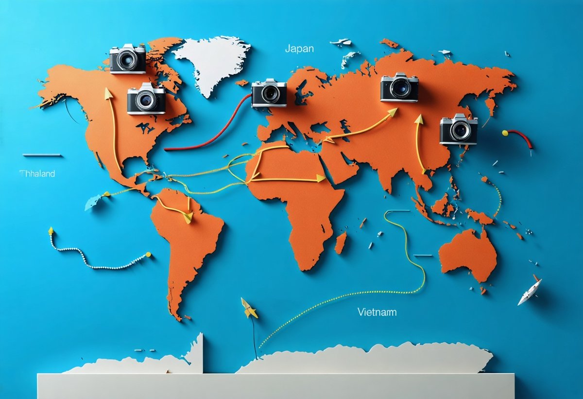 Global camera supply chain map showing imports from China, Japan, Germany, Thailand and Vietnam to United States