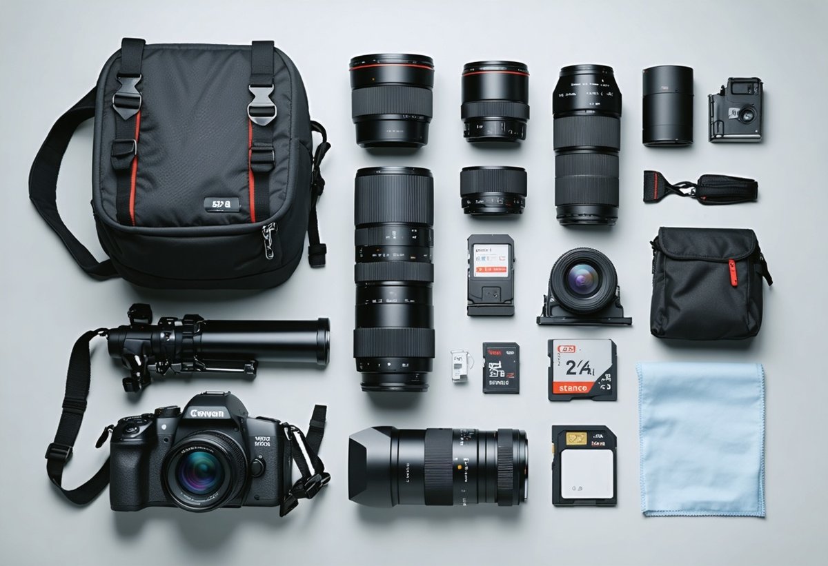 Minimalist travel photography kit with essential camera gear including versatile lenses, tripod, memory cards, and protective camera bag