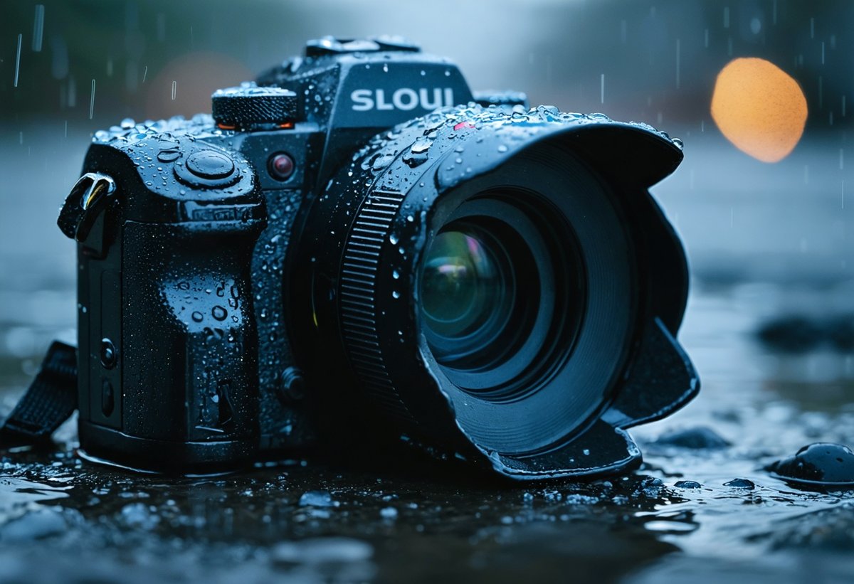Weather-sealed camera body close-up showing protective gaskets and water-resistant seals with water droplets on surface