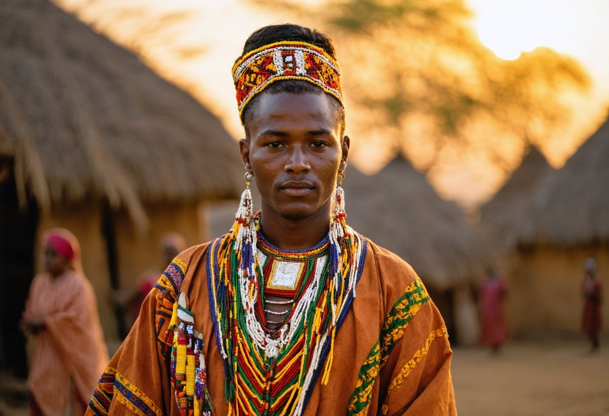 environmental portrait photography showing person in traditional cultural dress within authentic cultural landscape and context
