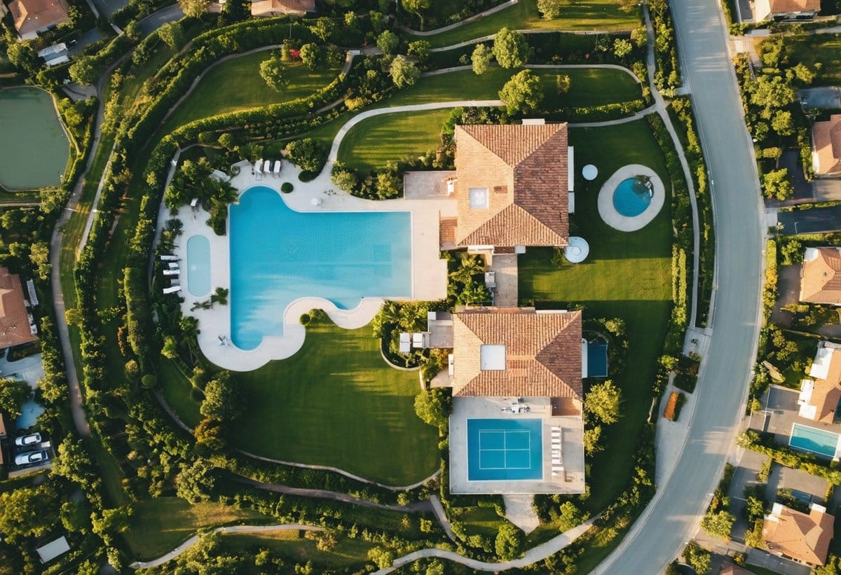 Aerial drone photograph of luxury home with pool showing professional real estate photography composition and lighting