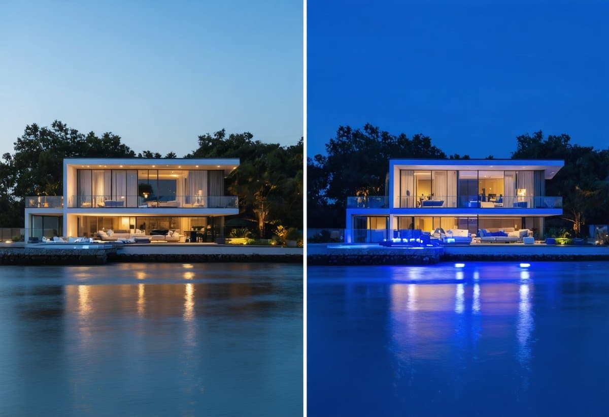 Before and after comparison of drone real estate photography showing daytime versus twilight blue hour aerial shots