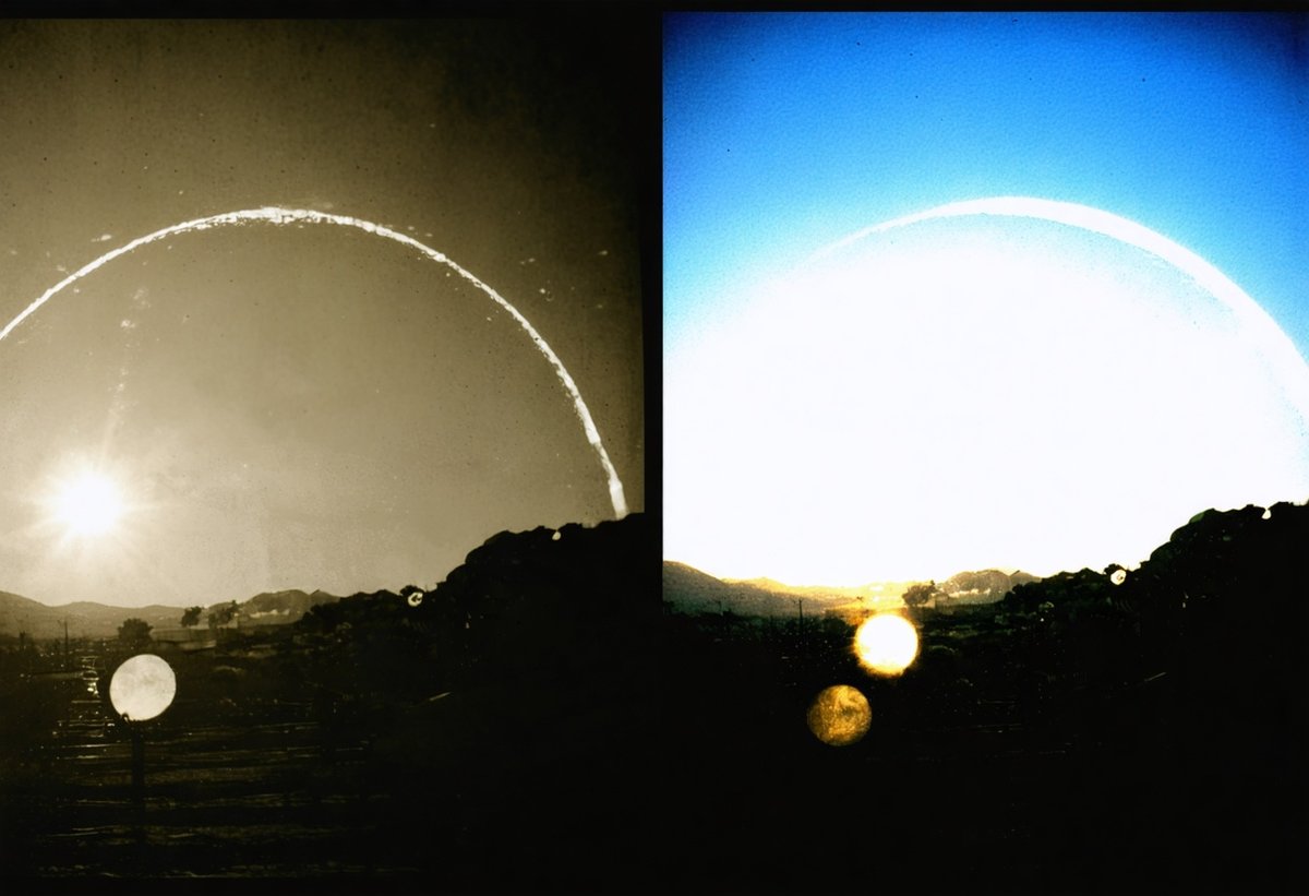 Before and after comparison of solargraph processing showing raw photographic paper versus digitally inverted final image with sun trails