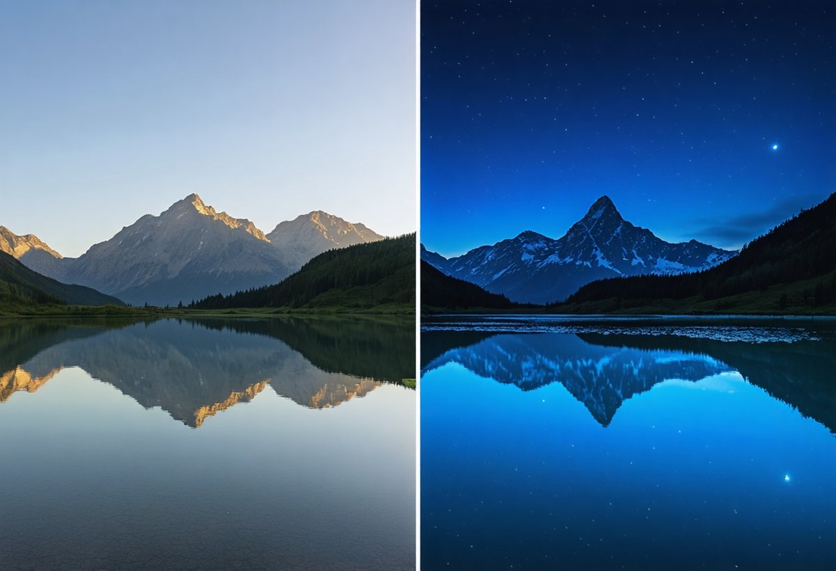 landscape photography lighting comparison golden hour versus blue hour same location different times