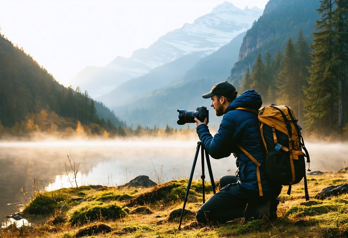 landscape photographer with camera tripod and gear photographing mountain wilderness during golden hour