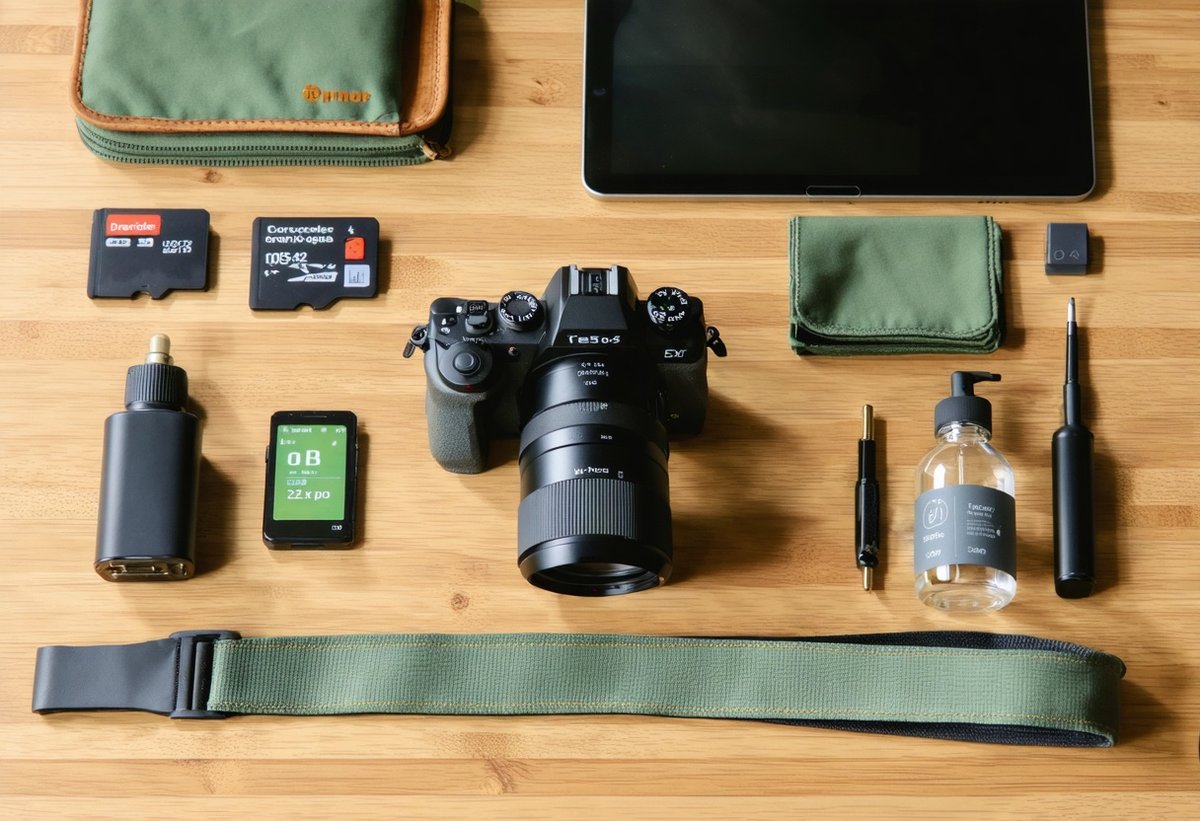 Sustainable Photography Gear - Eco-Friendly Camera Equipment and Accessories Eco-friendly photography equipment flat lay featuring sustainable camera accessories and digital workflow tools for green photographers
