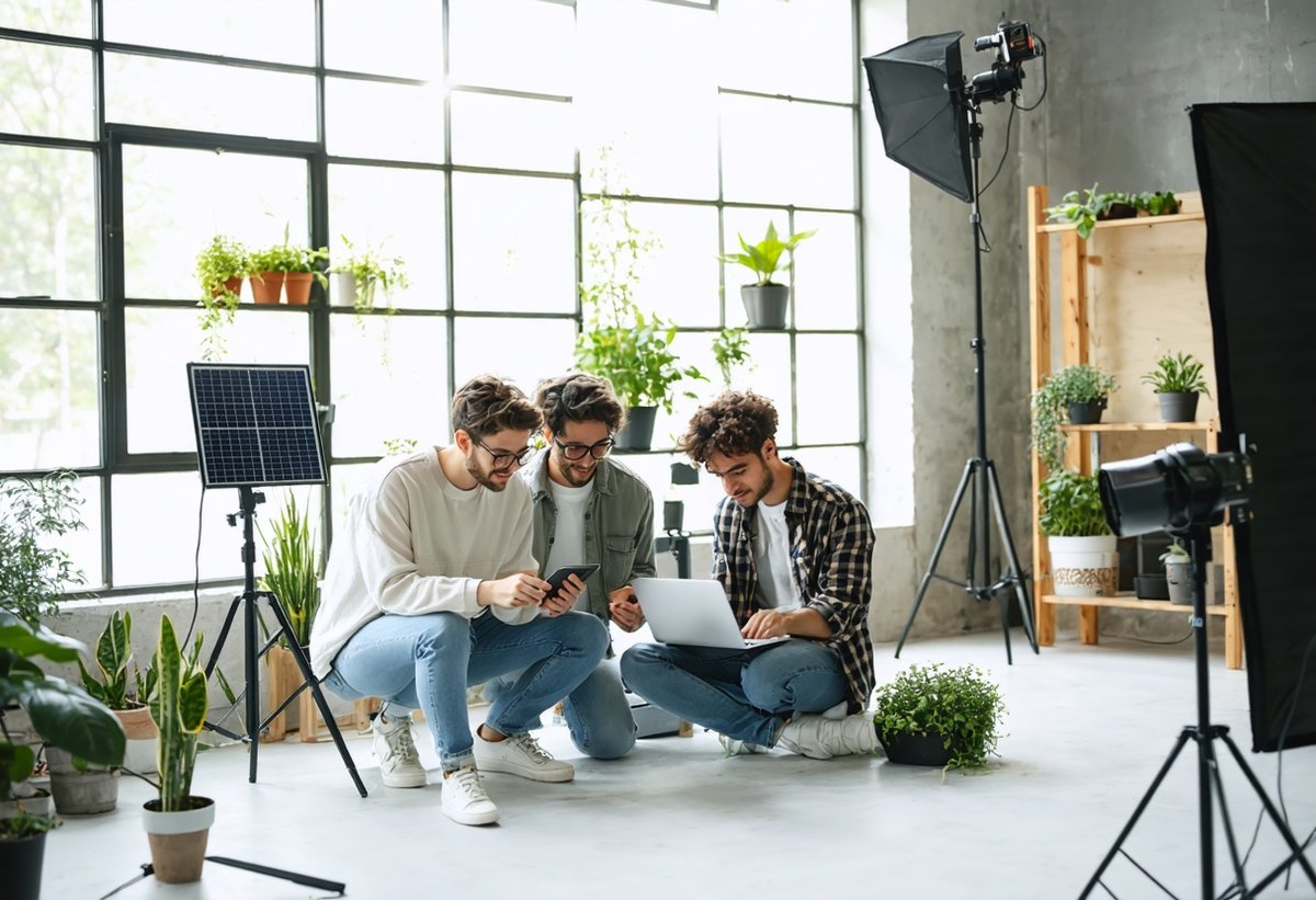 Carbon-Neutral Photography Studio - Sustainable Business Practices for Modern Photographers Young photographers collaborating in eco-friendly studio with natural lighting and renewable energy for sustainable photography business