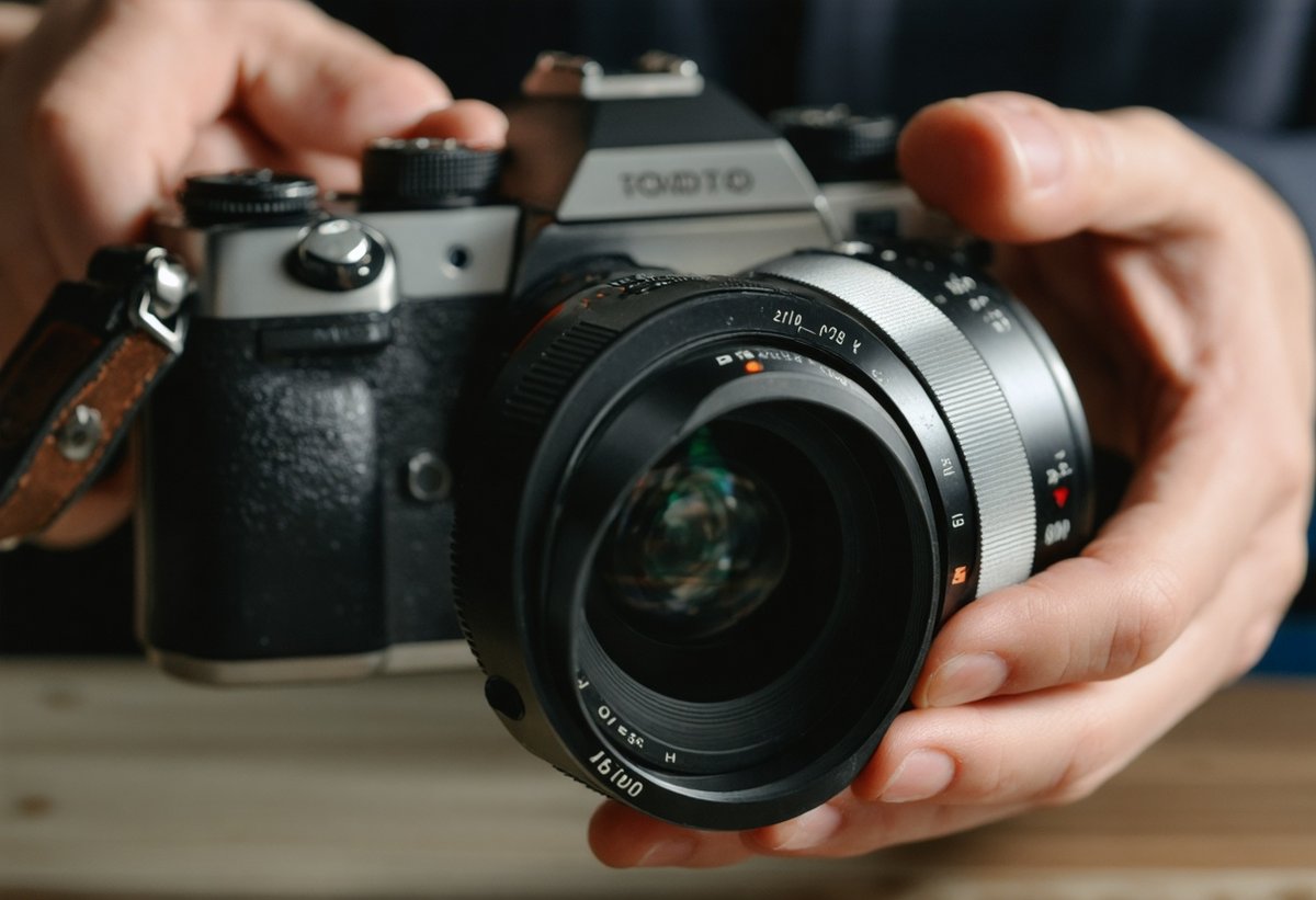 Vintage lens mounted on modern mirrorless camera using metal adapter ring showing lens adaptation technique