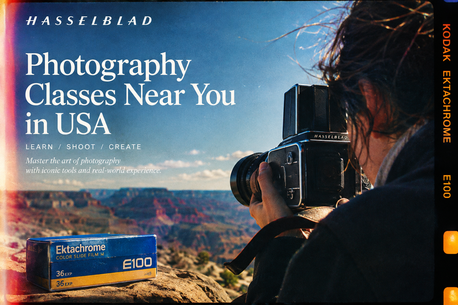 Photography student taking a photograph in a canion, using a Hasselblad photo camera